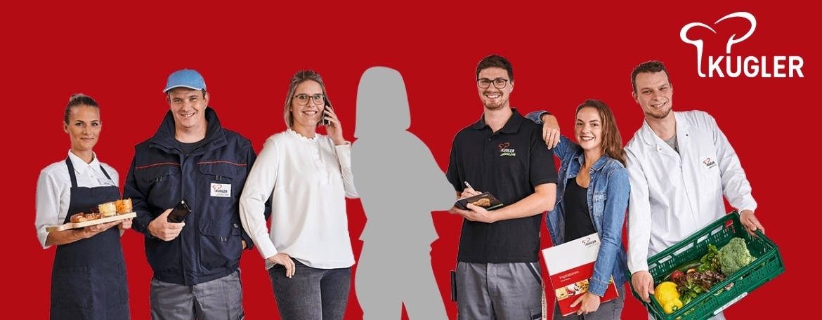 6 unserer Mitarbeiter aus verschiedenen Bereichen wie Verkauf, Produktion, Technik, Verwaltung und Lager, in der Mitte fehlst nur noch Du.